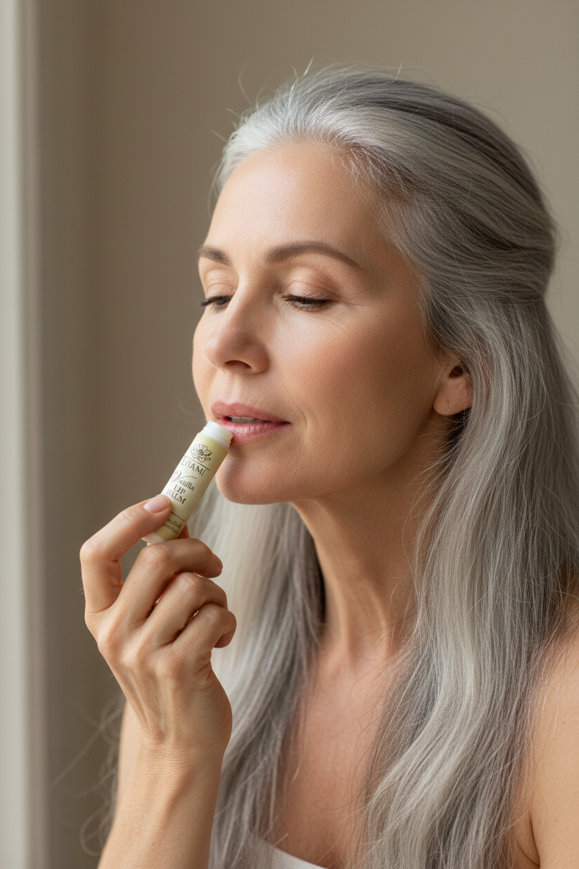 Mature woman applying Vanilla Lip Balm with lid off