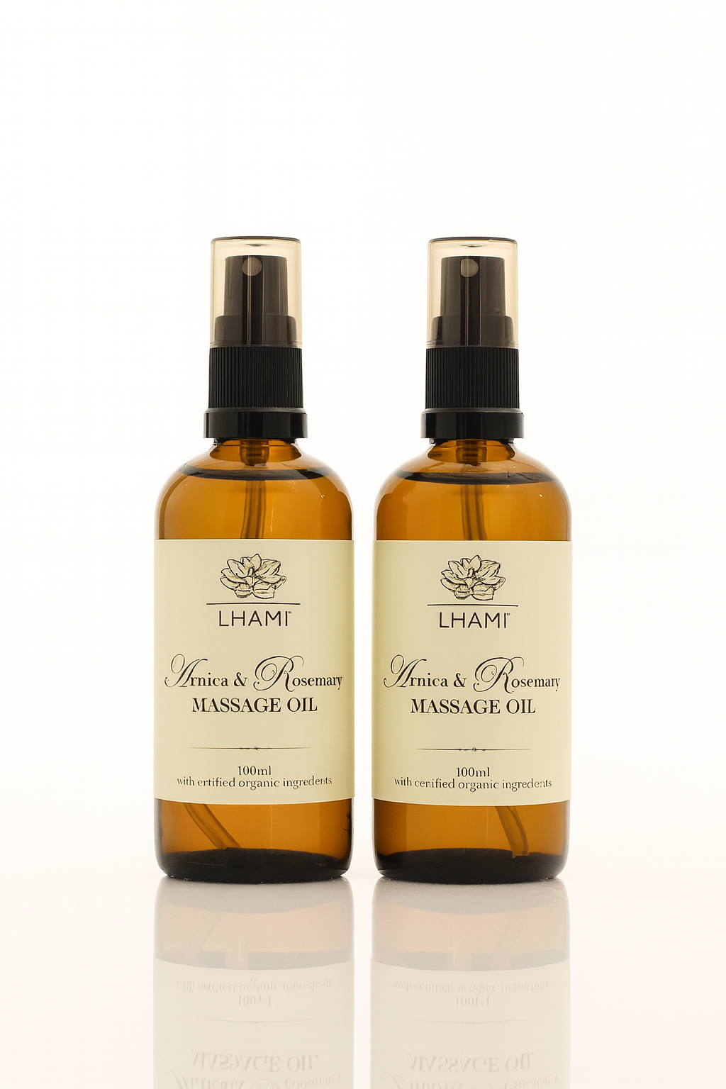 Two bottles of Lhami Arnica & Rosemary Massage Oil on a white background