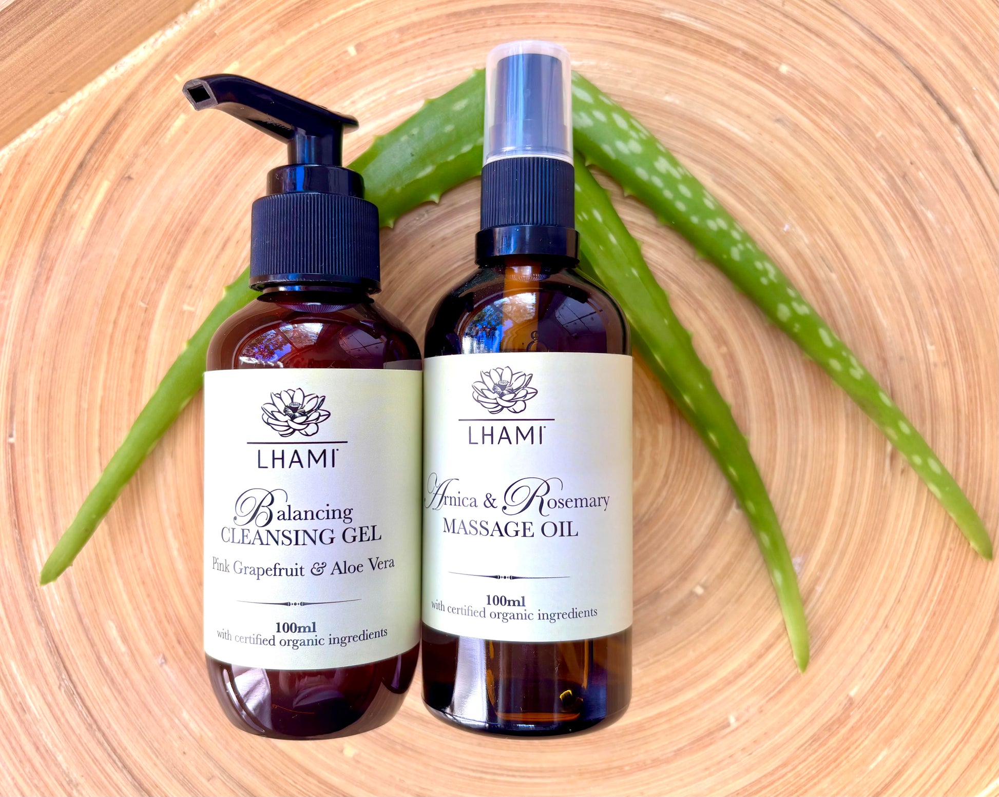 Cleaning Gel and Arnica & Rosemary massage oil on a wooden surface with aloe vera leaves for a fathers day special